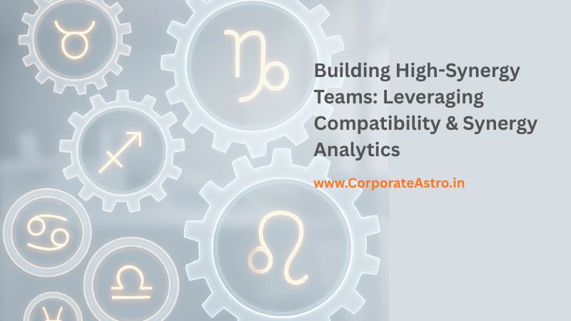 Several glowing, translucent gears with astrological symbols inside, interlocking perfectly to represent high-synergy teams built with compatibility analytics.