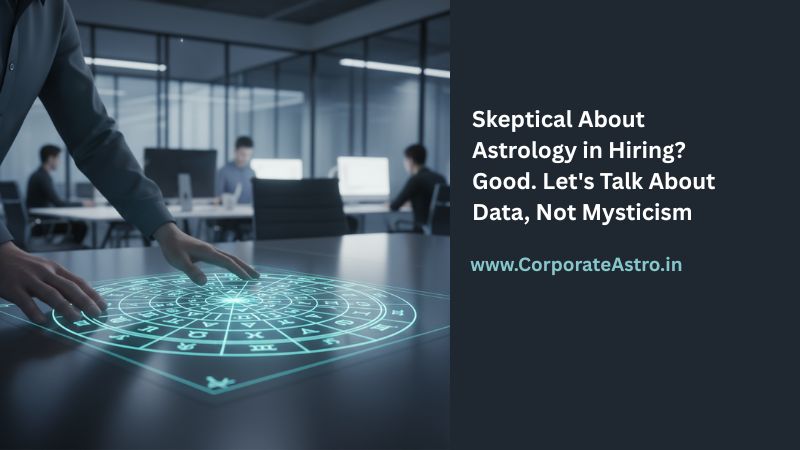 A scientist in a lab coat looks skeptically at a glowing, data-rich holographic chart, blending scientific inquiry with an abstract astrological representation.