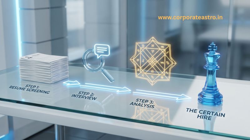 A visual representation of a three-step hiring funnel: Resume Screening, Behavioral Interview, and Vedic Analysis, leading to a perfect candidate match.