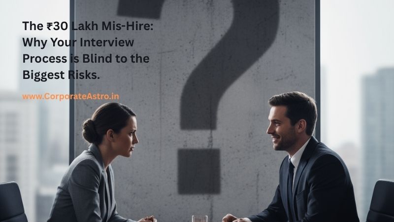A hiring manager interviews a perfect-looking candidate, unaware that the candidate's shadow on the wall is a large, ominous question mark, representing the hidden risks of a mis-hire.