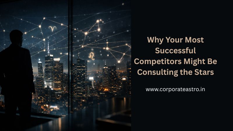 A view from a high-rise office window at night, where the reflection shows a business executive looking at a city skyline that is subtly overlaid with a strategic astrological data grid.